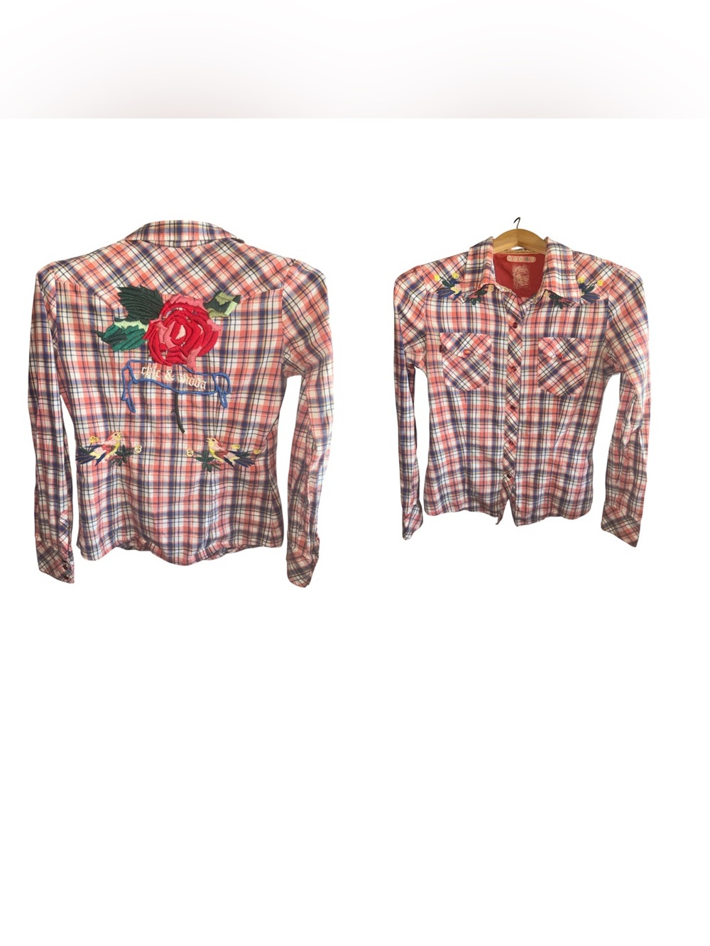 Vigoss Pink and Blue Plaid Snap Button-Down Shirt with Rose Embroidery Western